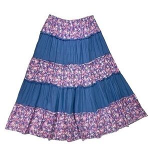 Piazza Italia Tiered Maxi Skirt Womens M Blue Pink Floral Print Bohemian Flared